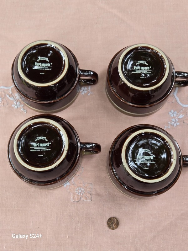 Pier 1 Brown/Beige Rustic Stacking Coffee Soup Mug - Set of 4 gallery