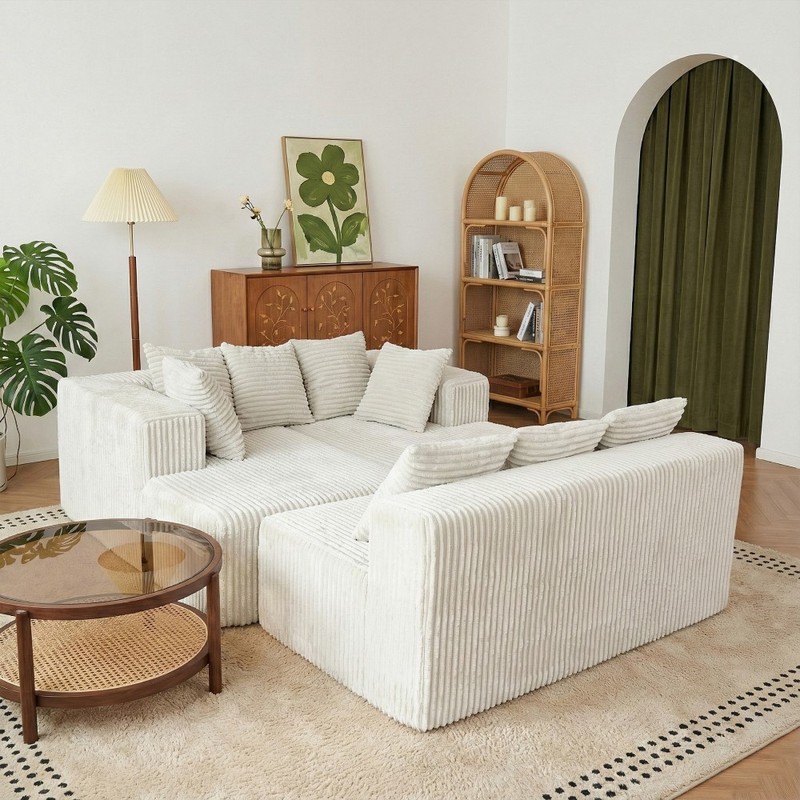 130" Cloud Corduroy U-Shaped Modular Sofa, No Assembly, Beige gallery