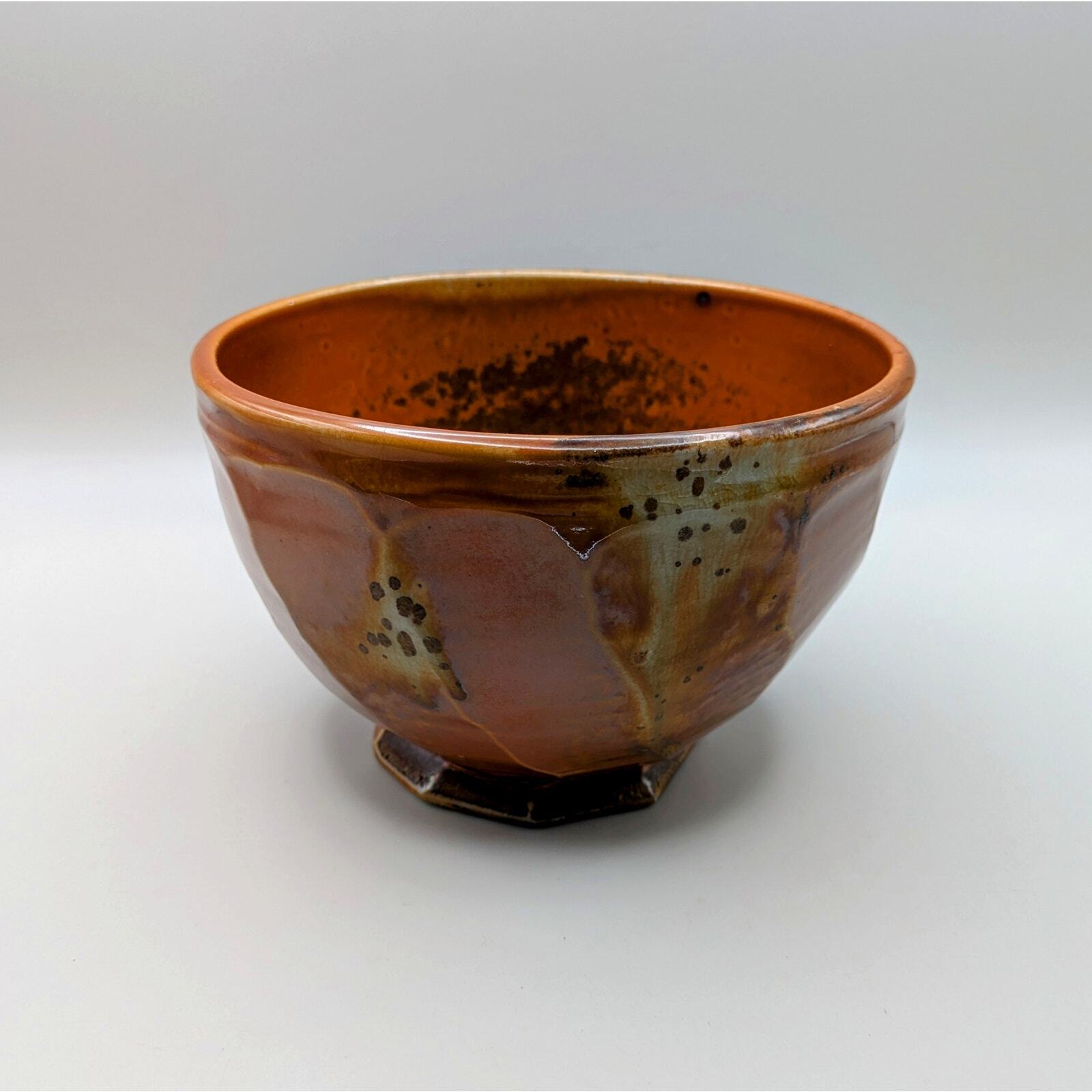 Vintage signed dated studio pottery bowl glossy matte glaze brown speckles gallery