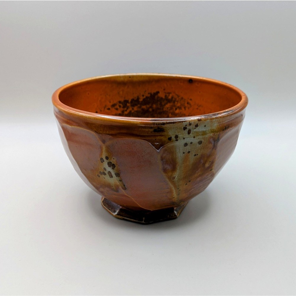 Vintage signed dated studio pottery bowl glossy matte glaze brown speckles