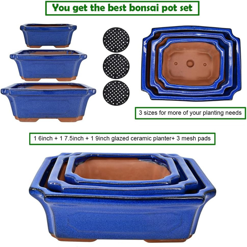 3 Pack Ceramic Rectangular Bonsai Tree Planter Pot Set 6”+7”+9”, Cactus Succulen gallery