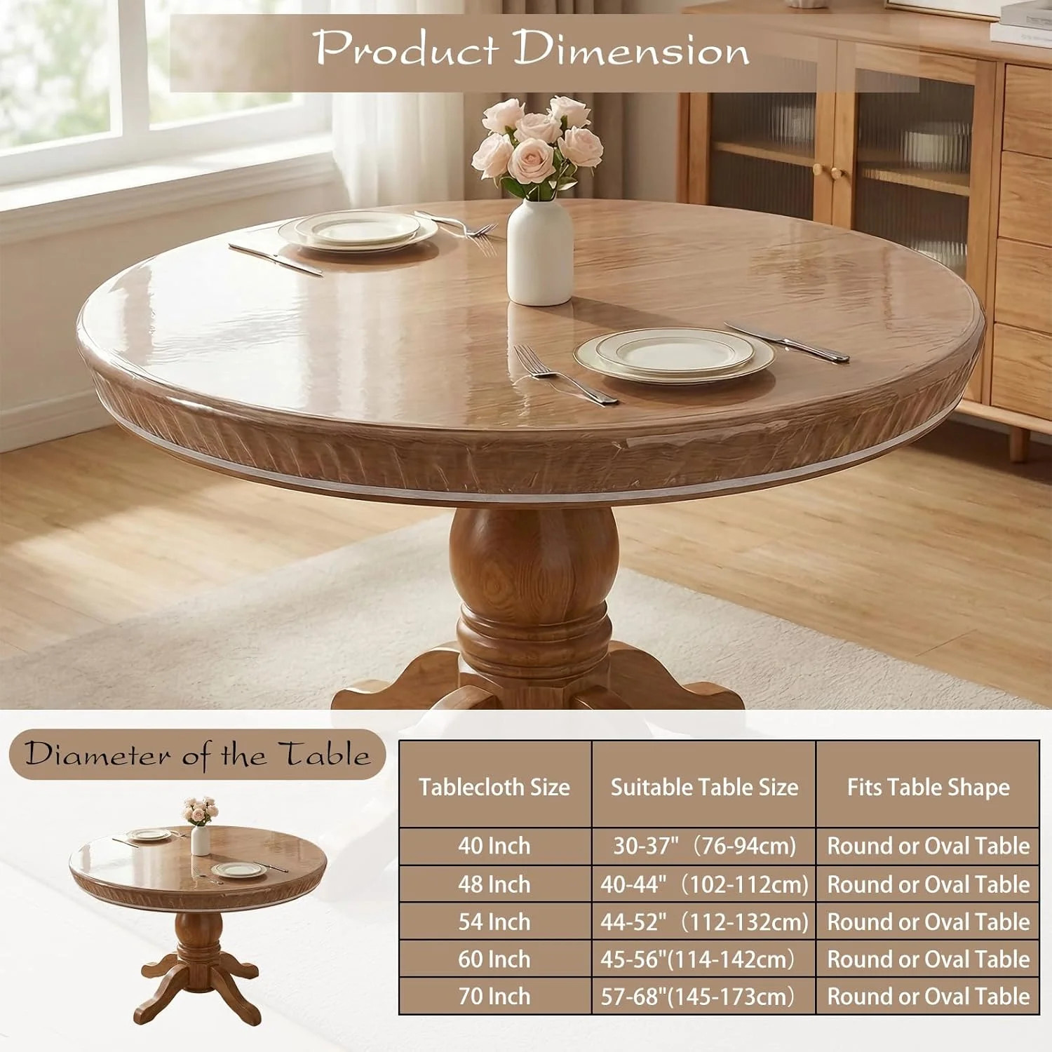 Aormenzy Clear Round Plastic Table Cover - Round Fitted Vinyl Tablecloth 60 Inch gallery
