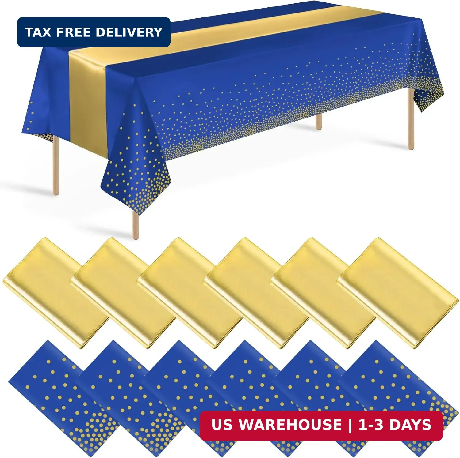 12 Pack Blue and Gold Tablecloth and Table Runner Party Decorations, Royal Blue gallery
