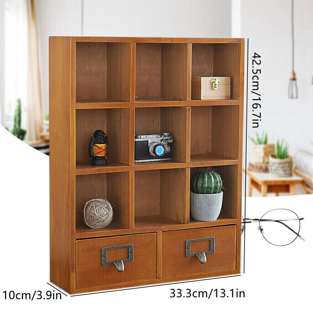 9 Cube Storage Shelf Vintage Organizer Small Item Display Cabinet With 2 Drawers gallery