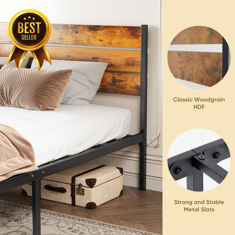 Full Size Bed Frame with Headboard 800LB Metal Support Rust Brown gallery