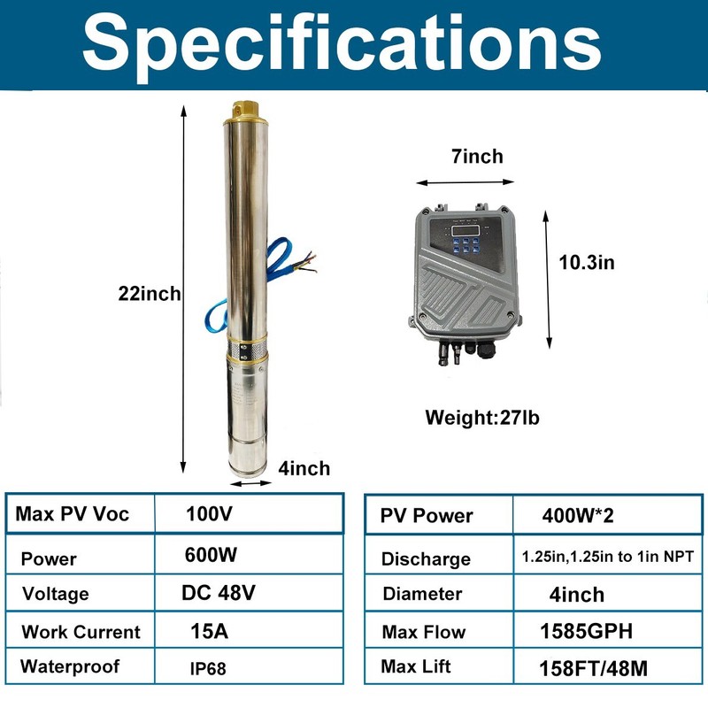 2HP 4in Solar Pump Submersible Pump Bore Deep Well Pump+MPPT Controller DC 110V gallery