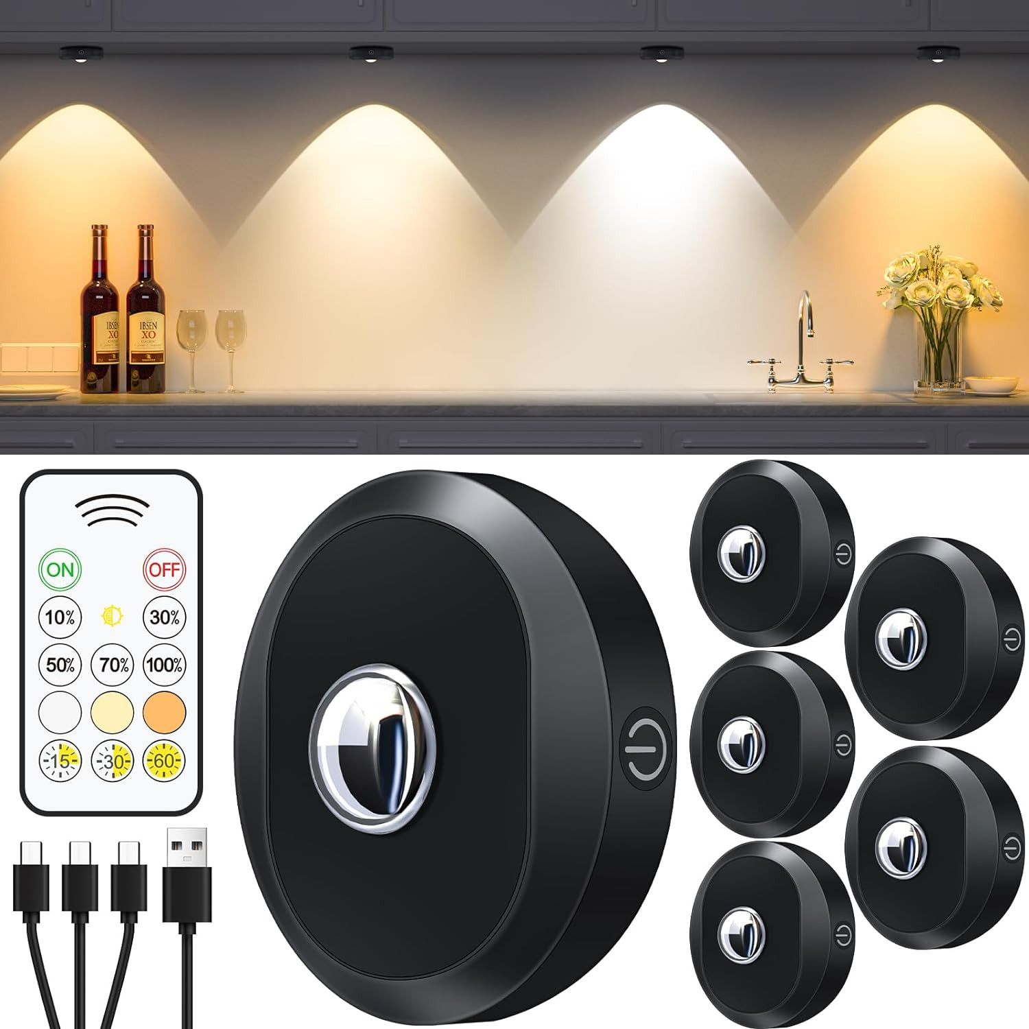Puck Lights with Remote Control, Rechargeable under Cabinet Lights, 1200Mah Batt gallery