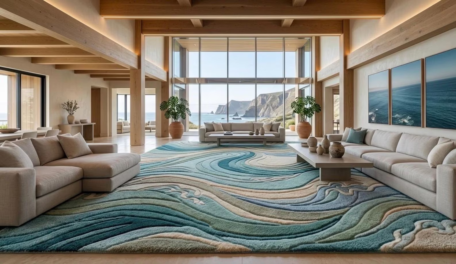 Hand-Tufted Wool Wave Rug – Abstract Ocean Texture, Coastal Living Room Area Rug gallery