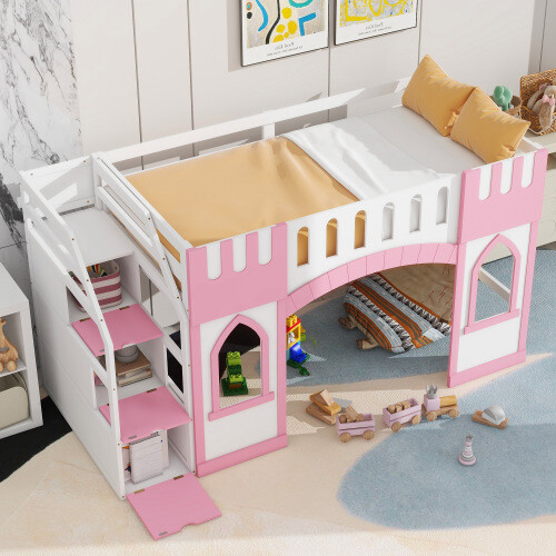 Playhouse Design Loft Bed with Storage Staircase and Window Twin Size Bed Frames gallery