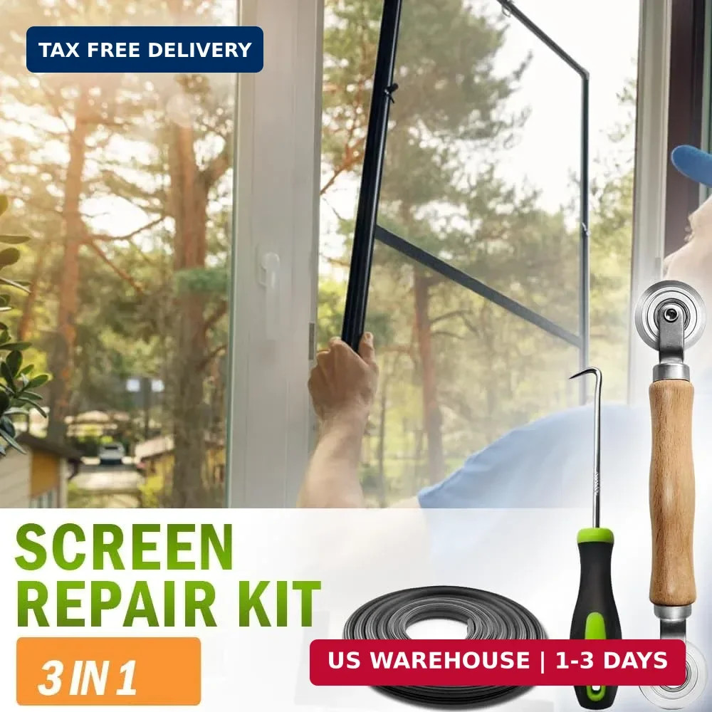 3in1 Window Screen Repair Kit Roller Tool w/ 32FT Spline & Hook gallery