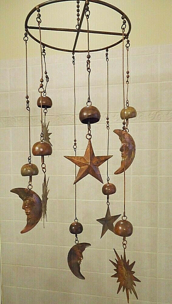 Sun Moon Stars Celestial Hanging Mobile Metal Wind Catcher Chime Copper Patina gallery