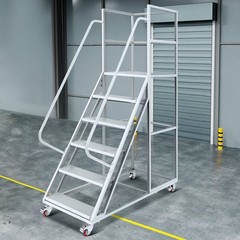 6 Steps Rolling Ladder, Mobile Platform Ladders with Brakeable Wheels 1213LBS