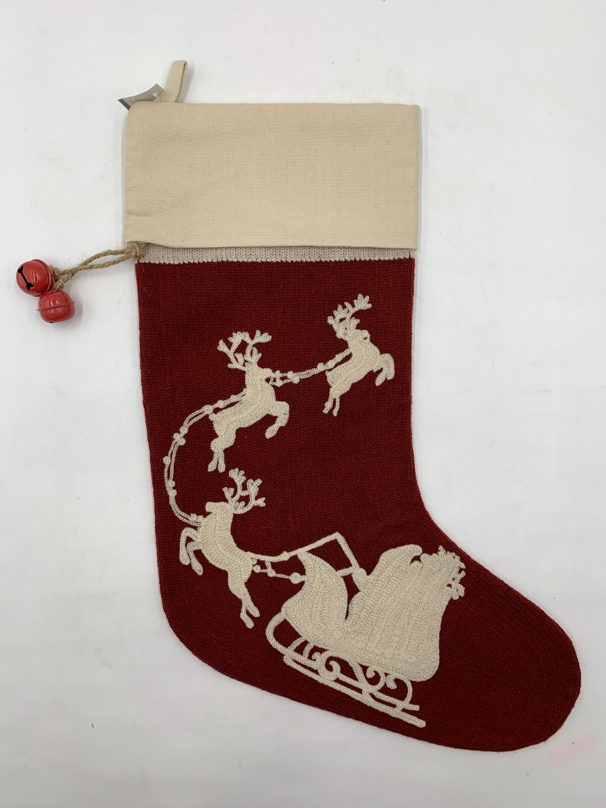 Pottery Barn Sleigh Bell Crewel Embroidered Christmas Stocking Red 19" #9100 gallery