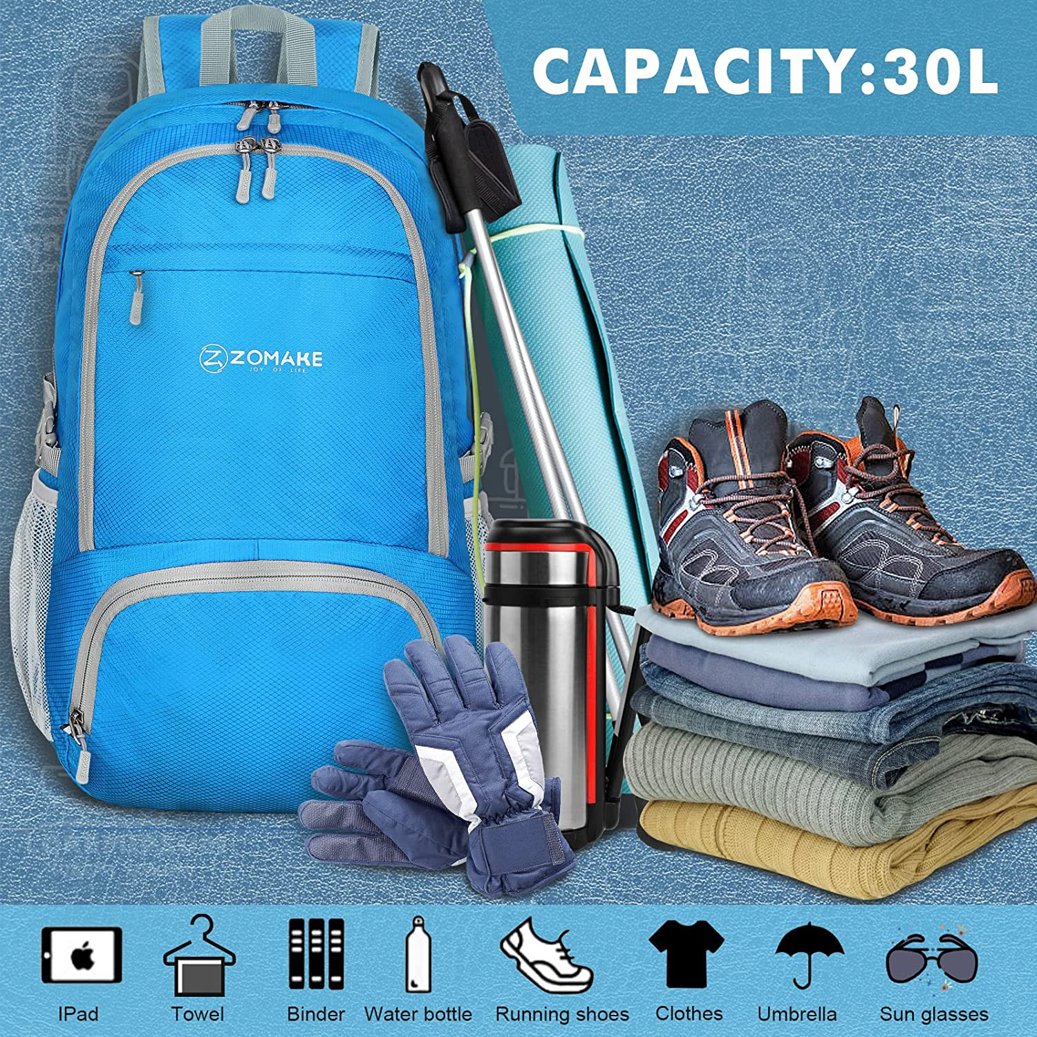 Lightweight Packable Backpack 30L, Foldable Hiking Backpacks Water Resistant Com 3