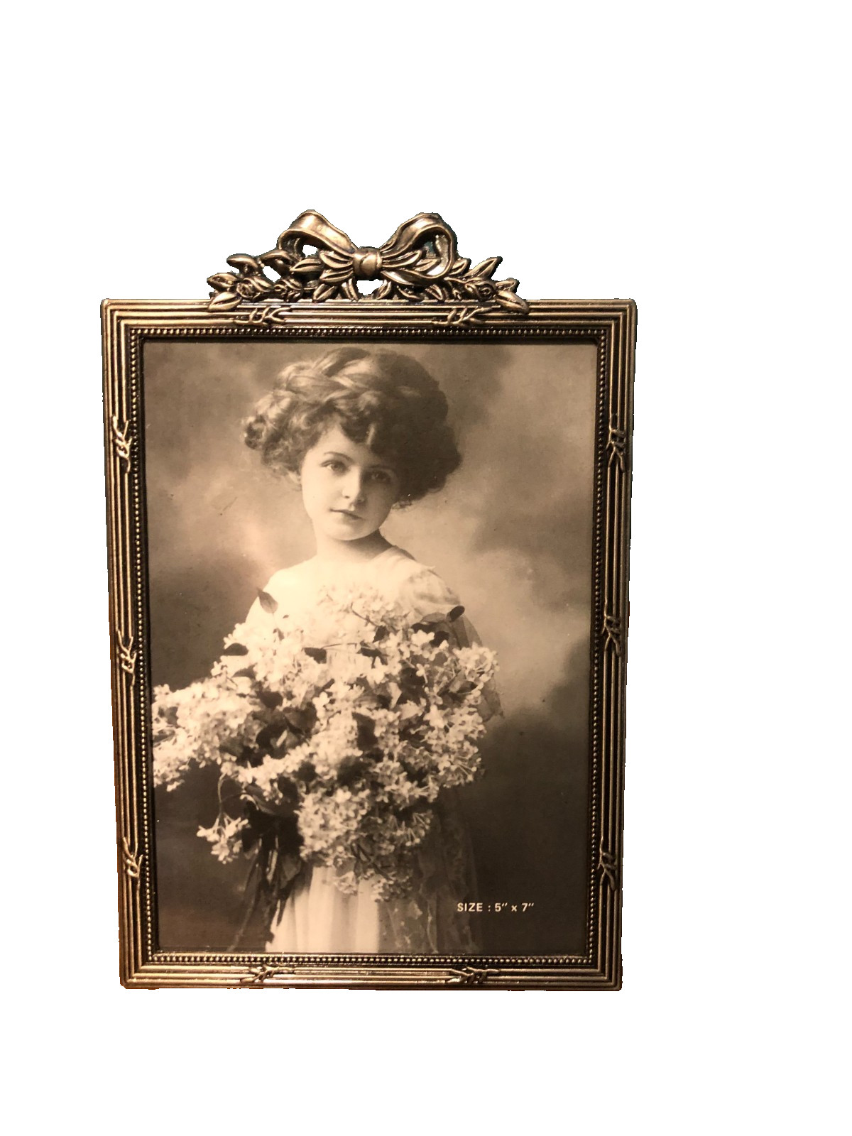 Metal Easel Back Tabletop Antique Style 5x7 Photo Frame W/ Ornate Ribbon On Top gallery