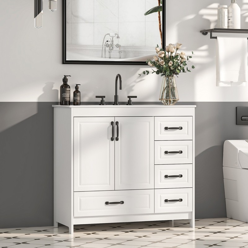 36" Bathroom Vanity with Ceramic Sink Freestanding Storage Cabinet w/ 5 Drawers gallery