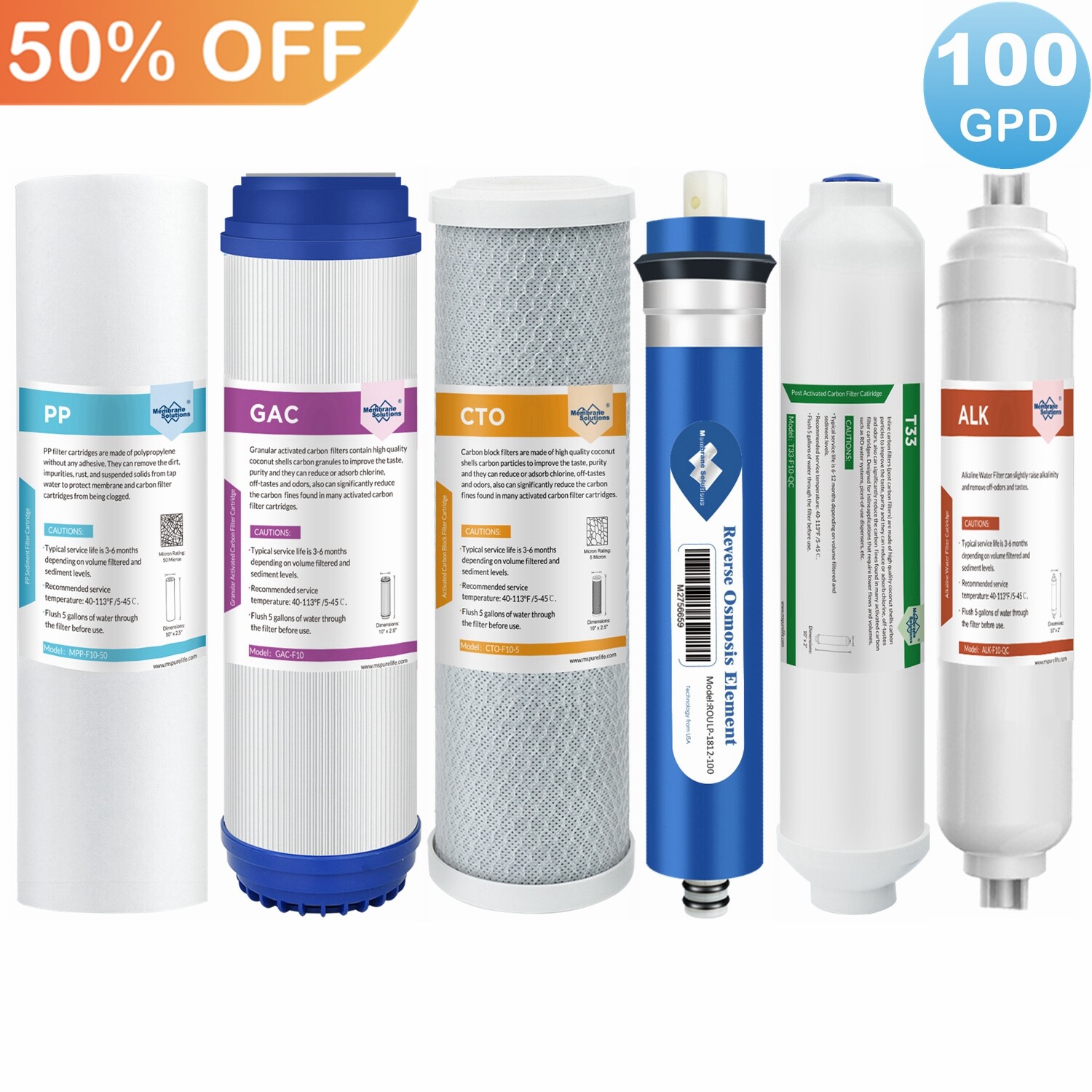 6 Stage 100 GPD RO Membrane Reverse Osmosis System pH Alkaline Water Filter Set gallery