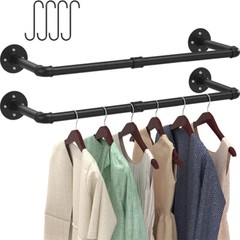 2pcs Wall Mount Pipe Clothes Rack Heavy Duty Black Garment Hanging Bar 4pcs Hook