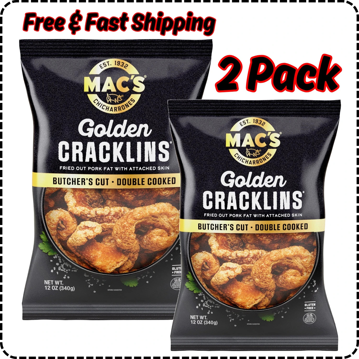Mac's Chicharrones Golden Cracklin Curls, Fried Pork Fat with Skin, 12 oz, 2Pack gallery