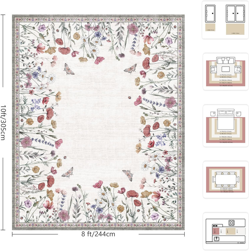 8X10 Area Rugs, Machine Washable Low Pile Floral Rugs for Living Room, Bedroom, gallery