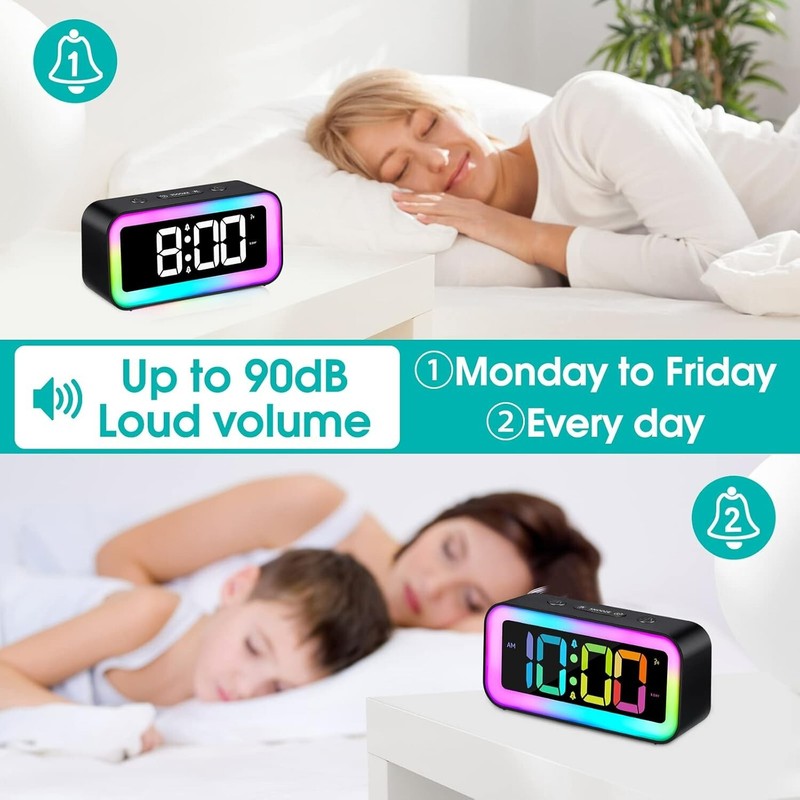 Compact USB Alarm Clock with Loud 95 dB Alarm & Adjustable RGB Display – Black gallery