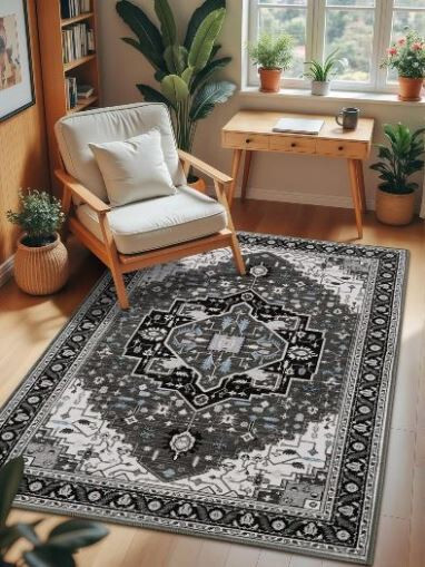 VINTAGE MACGRACE WASHABLE AREA ORIENTAL TRIBAL RUG 3 X 5 BLACK GRAY & BLUE gallery
