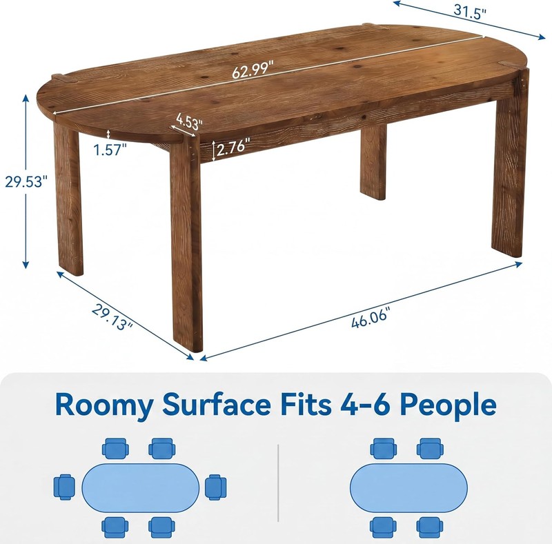 63" Solid Wood Oval Dining Table for 4-6, Rustic Kitchen Table for Dining Room gallery