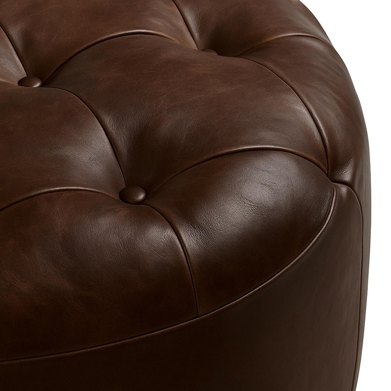 Authentic Tufted Leather Ottoman Large Round Coffee Table Pouf Dark Brown gallery