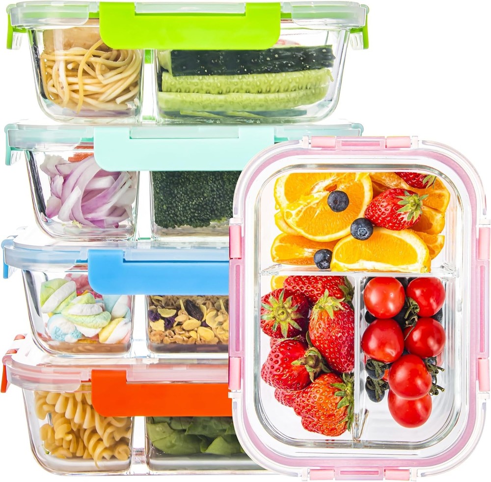 Glass Food Storage Containers 3 Compartment with Lids (5 Pack, 34oz), Divided Gl