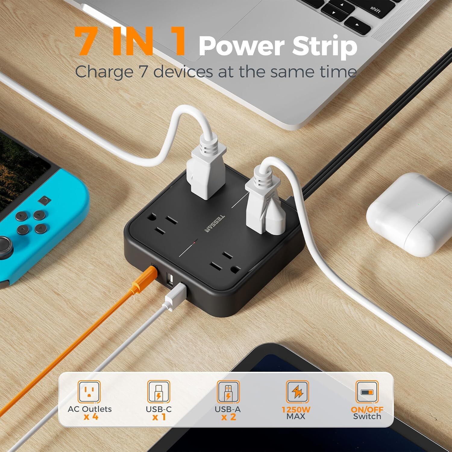 TESSAN Flat Plug Power Strip with 4 Outlets Surge Protector Extension Cord 5FT gallery