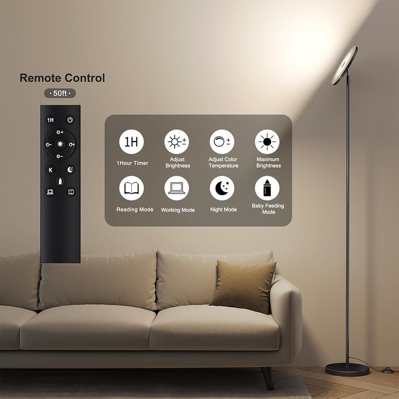 Super Bright Dimmable LED Floor Lamp W/ Remote 350° Rotation Energy Saving New gallery
