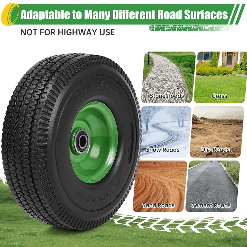 4PCS Upgrade 4.10/3.50-4 Flat Free Solid Rubber Tire and Wheel, 10" Solid Tires gallery