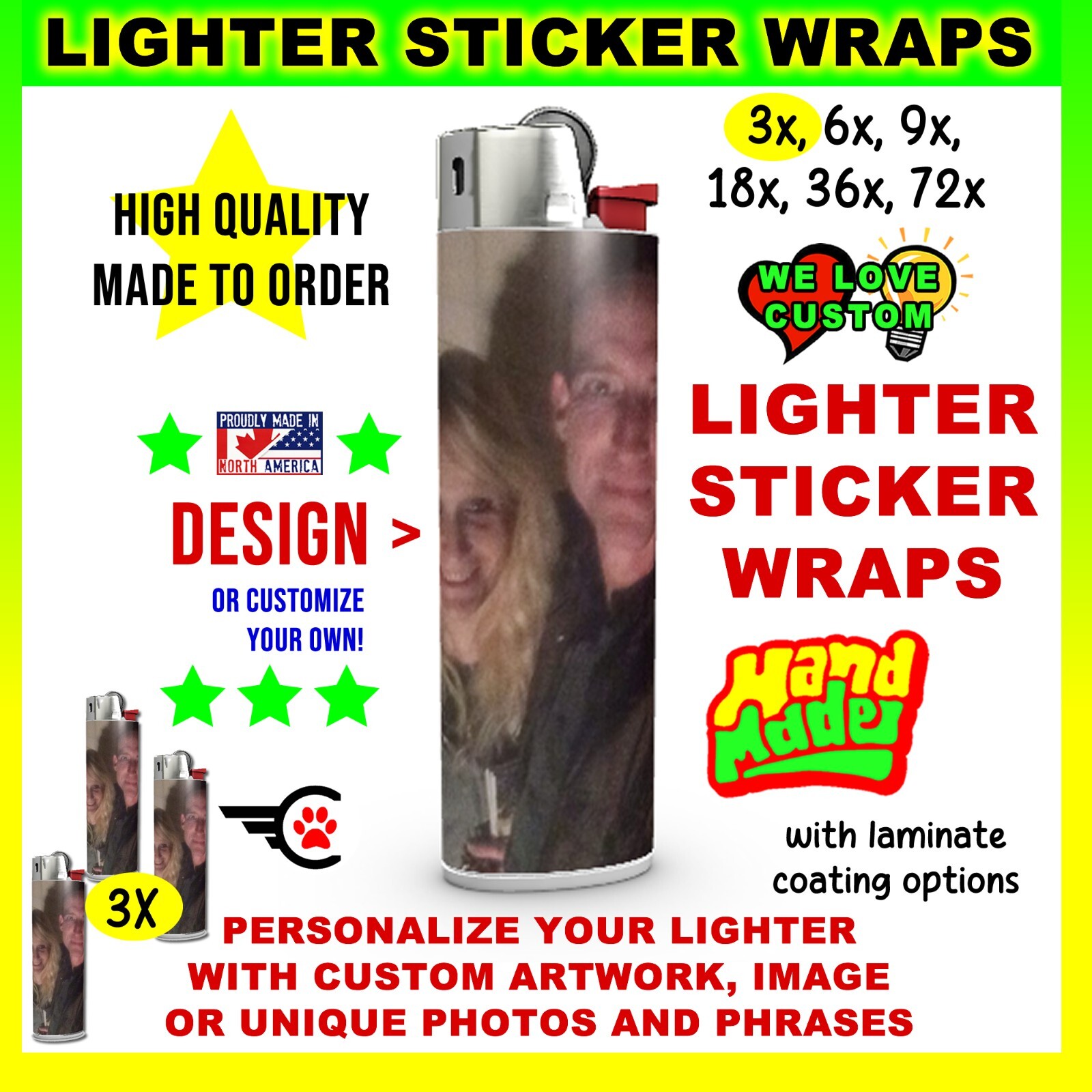 Custom lighter wrap stickers in vinyl or holographic, 3x, 6x, 9x, 18x plus more gallery