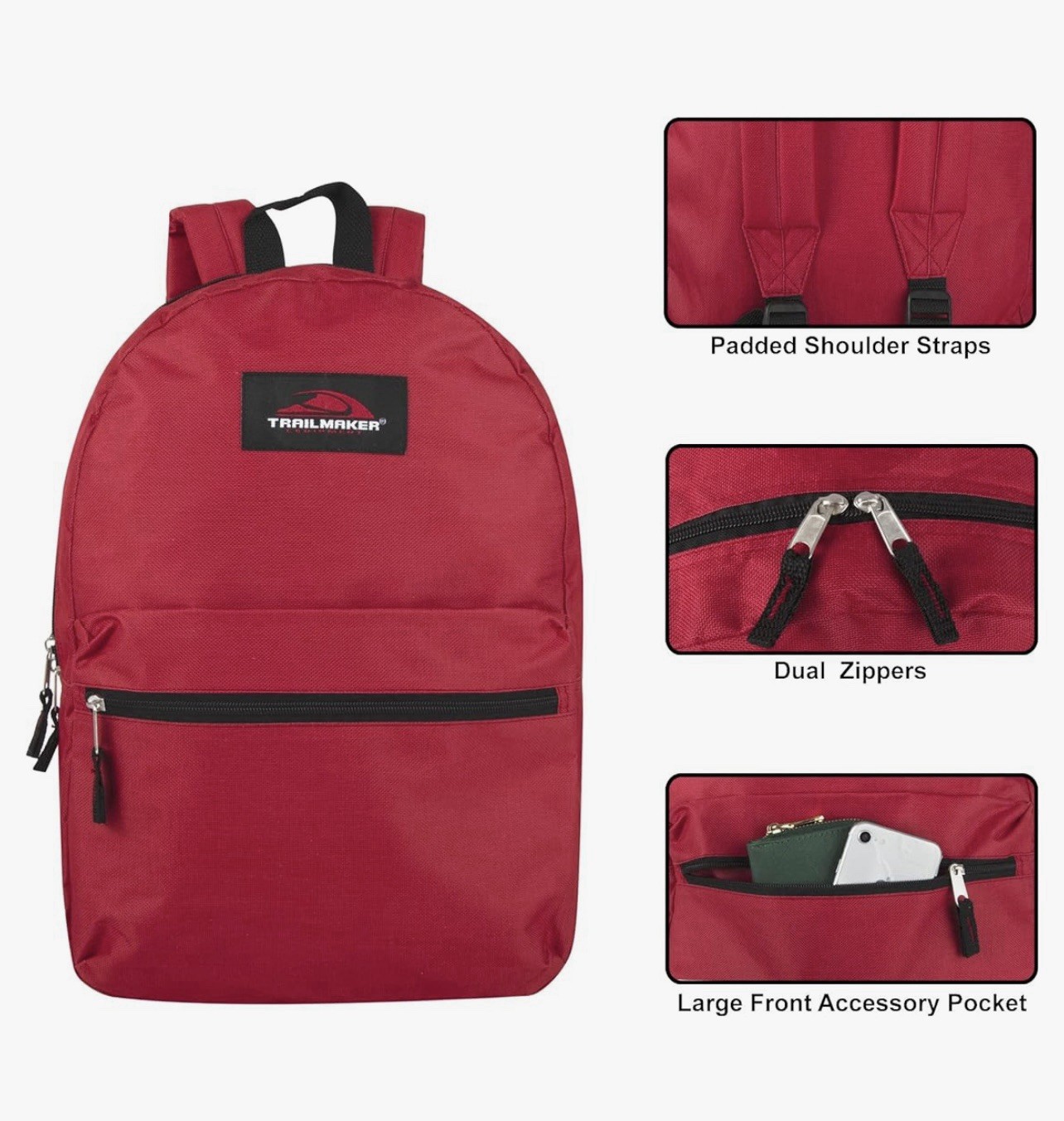 Trail maker Classic 17 Inch Backpack with Adjustable Padded Shoulder Straps RED 3