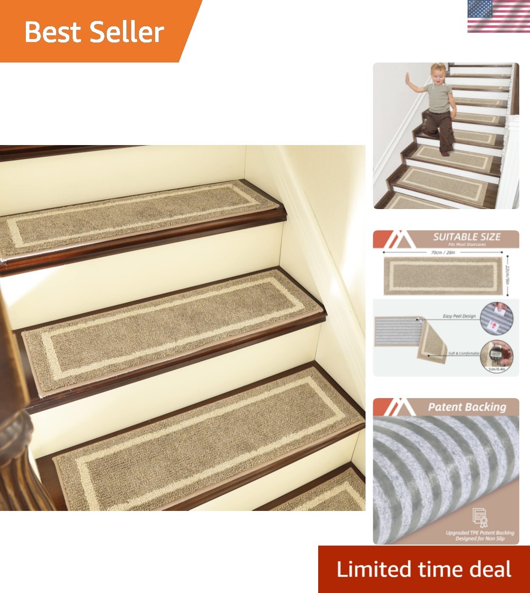 Soft Stair Treads 15pcs Non-Slip Carpet Mat 28inX9in Indoor Stair Runners for... gallery