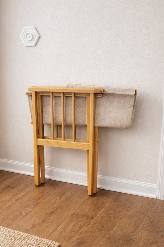 Hyllinge Møbler 1970 Danish Folding Chair with Linen Upholstery Light Wood Beige gallery