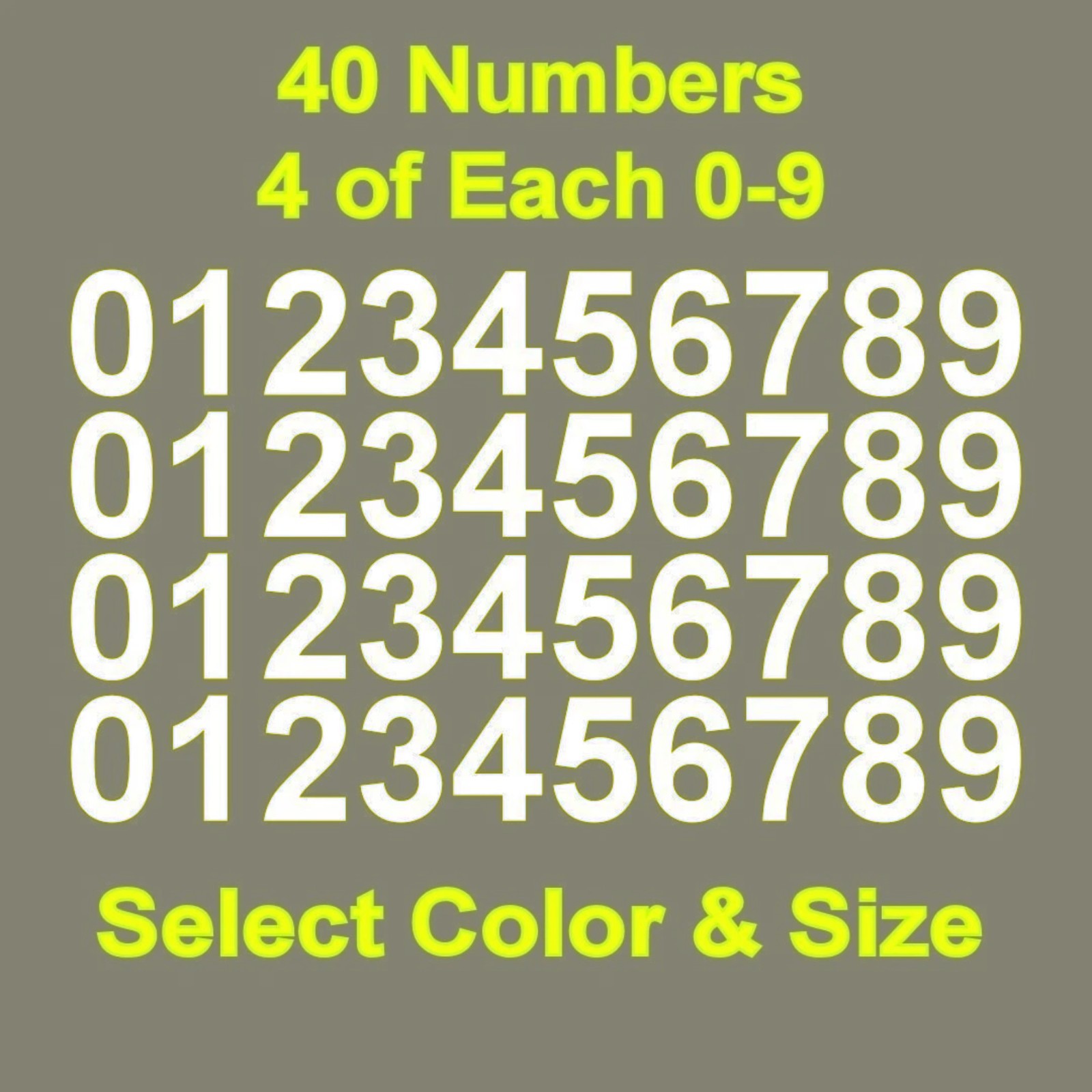 0-9 Numbers Vinyl Sticker Decals Set of 40 - Select Color & Size 1" to 4" gallery