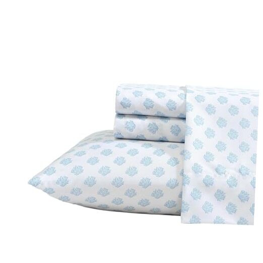 - Sheet Set, Breathable & Cooling Full Coastal Coral Ocean Breeze Blue