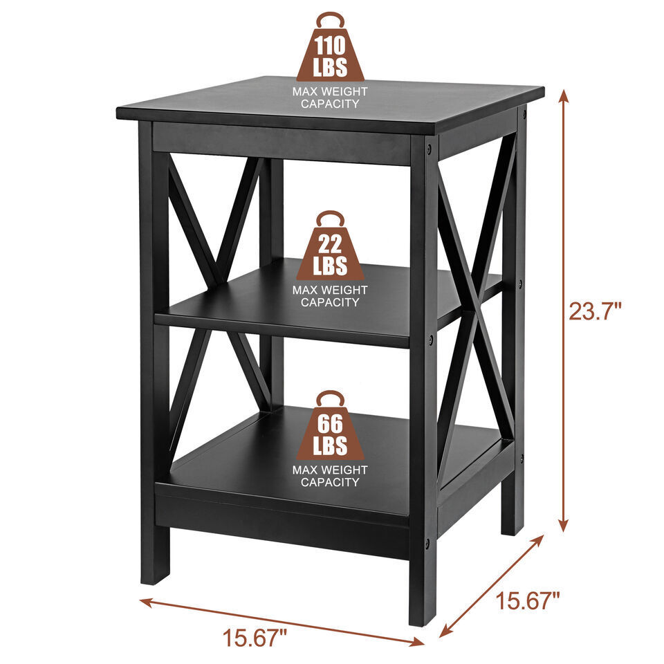 3-Tier Side Table 24" End Table X-Design with Storage Shelves Black/White/Brown gallery