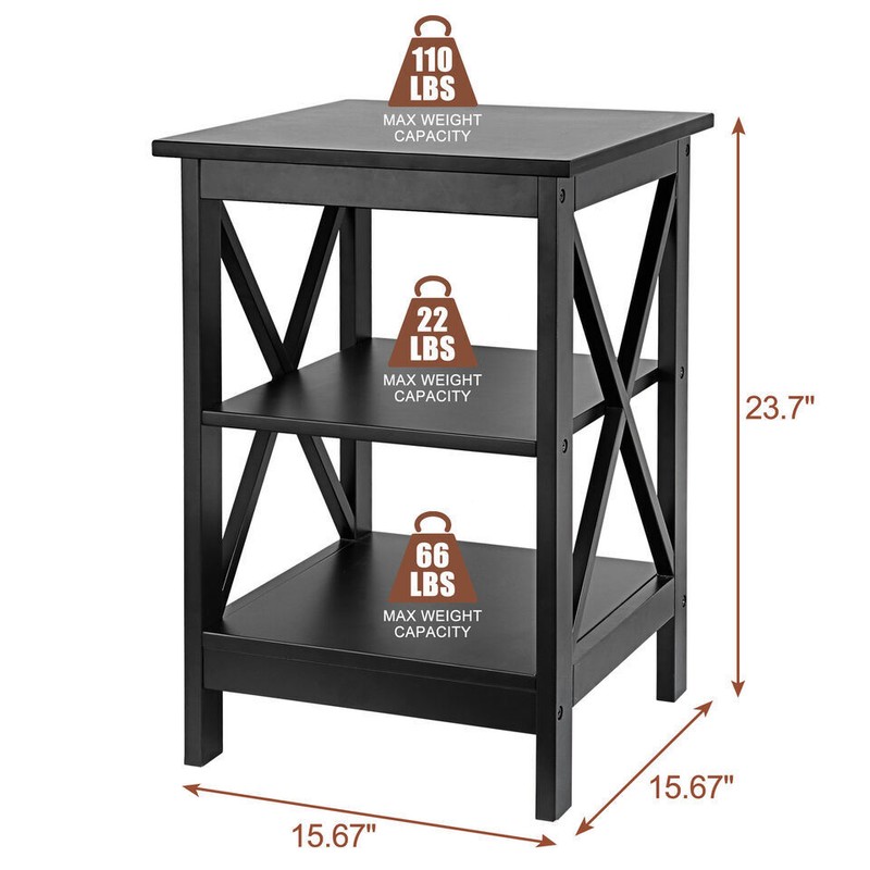 3-Tier Side Table 24" End Table X-Design with Storage Shelves Black/White/Brown gallery