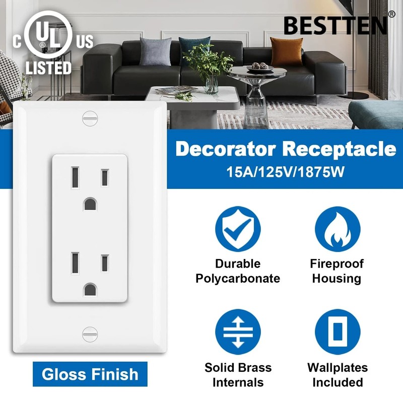 BESTTEN 20 Pack 15 Amp Decorator Wall Receptacle Outlet, Non-Tamper-Resistant... gallery