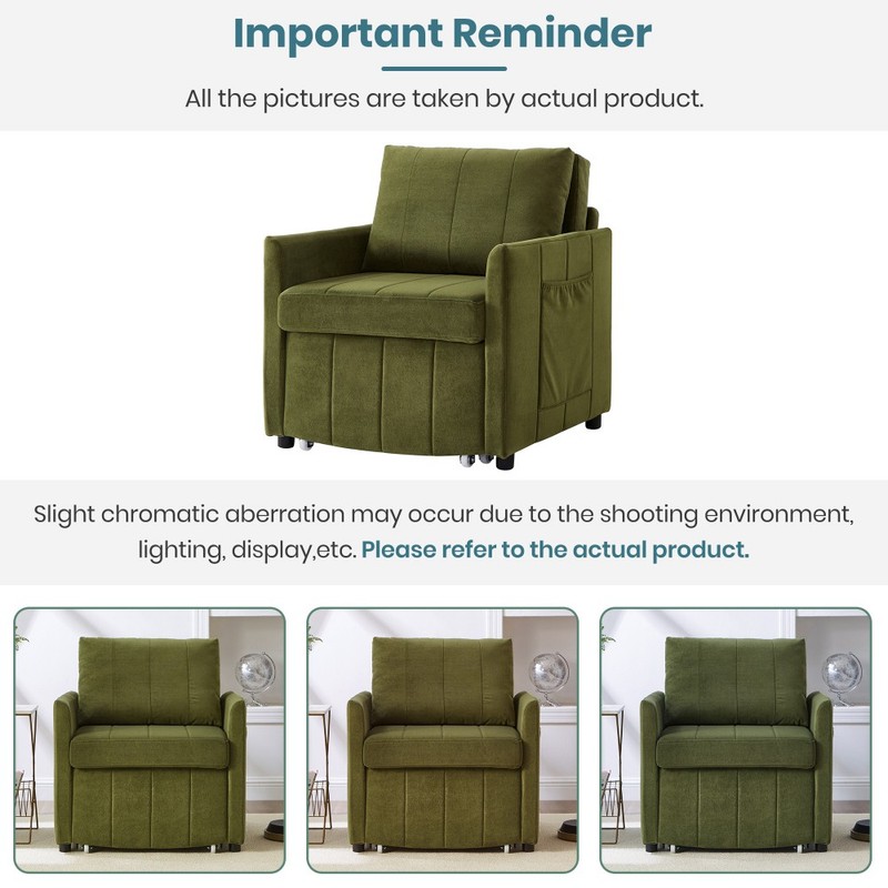 Convertible sofa bed W 5 position adjustable backrest and side storage pockets gallery