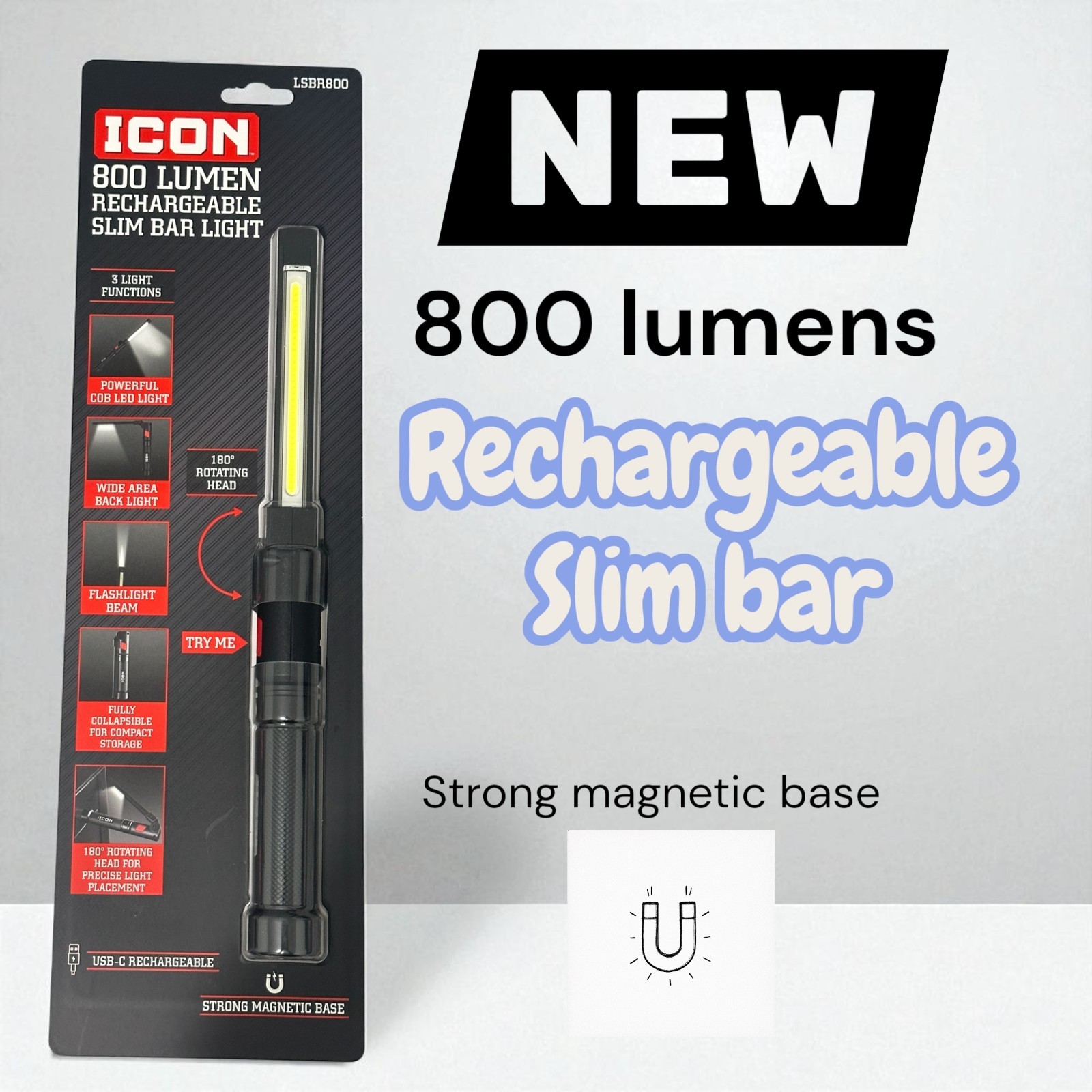 3 in 1 800 Lumen LED Rechargeable Work Light Foldable Slim Bar Light Magnetic gallery