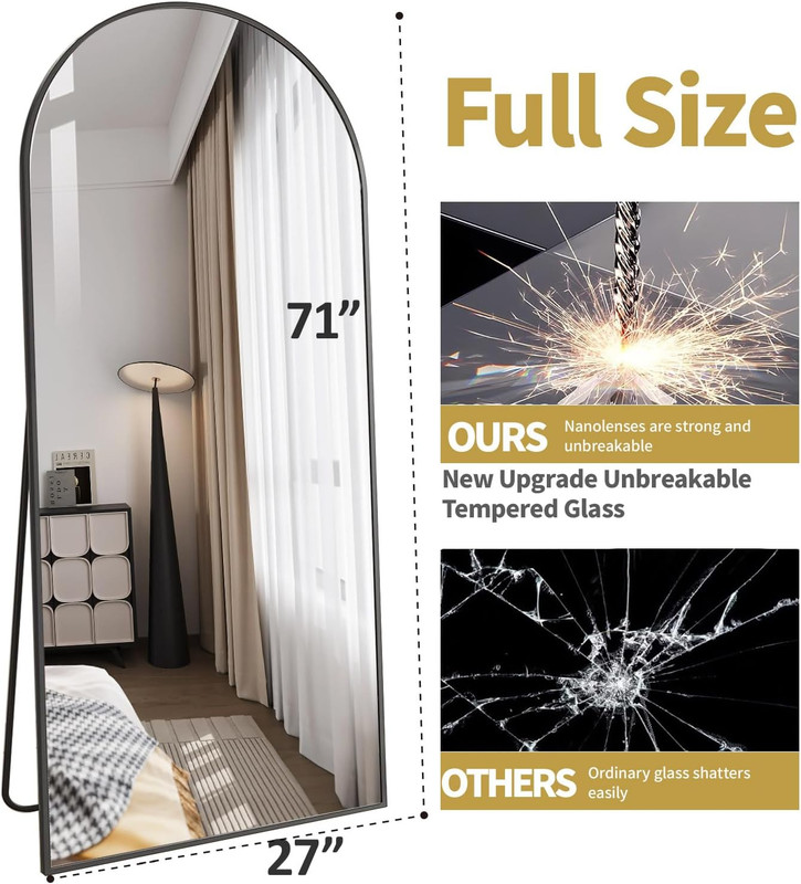 Oversized 71" Arched Full-Length Mirror with HD Glass - Black Floor/Wall Mount gallery