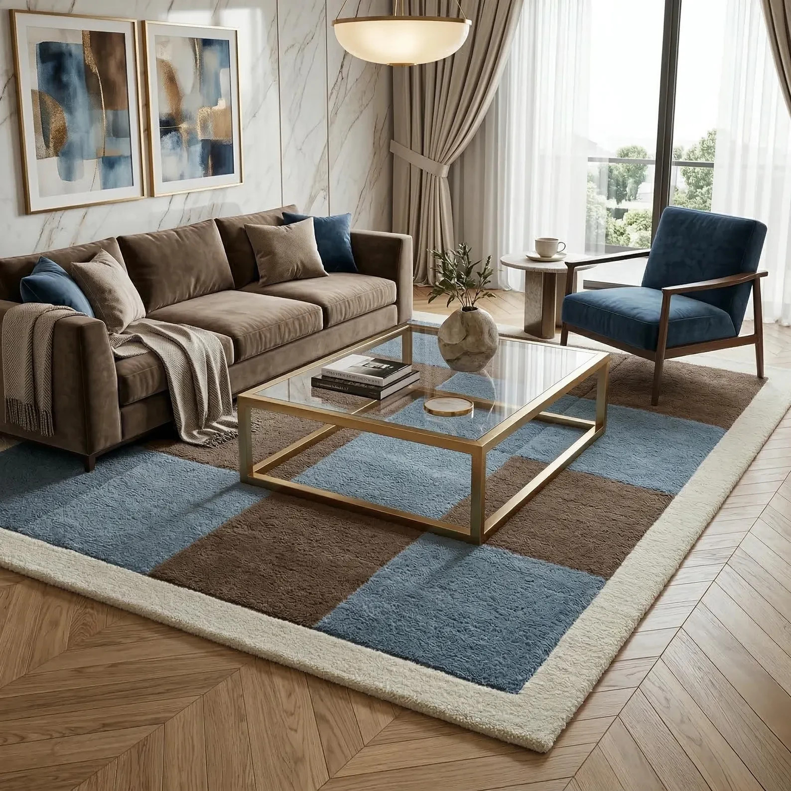 Hand Tufted Wool Rug: Modern Geometric Checkered Blue Brown handmade Area Carpet gallery