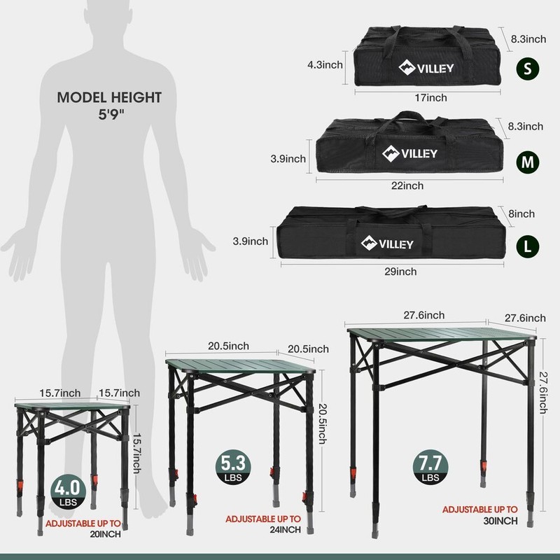 VILLEY Medium Folding Camping Square Table Adjustable Aluminum Table w/Carry Bag gallery