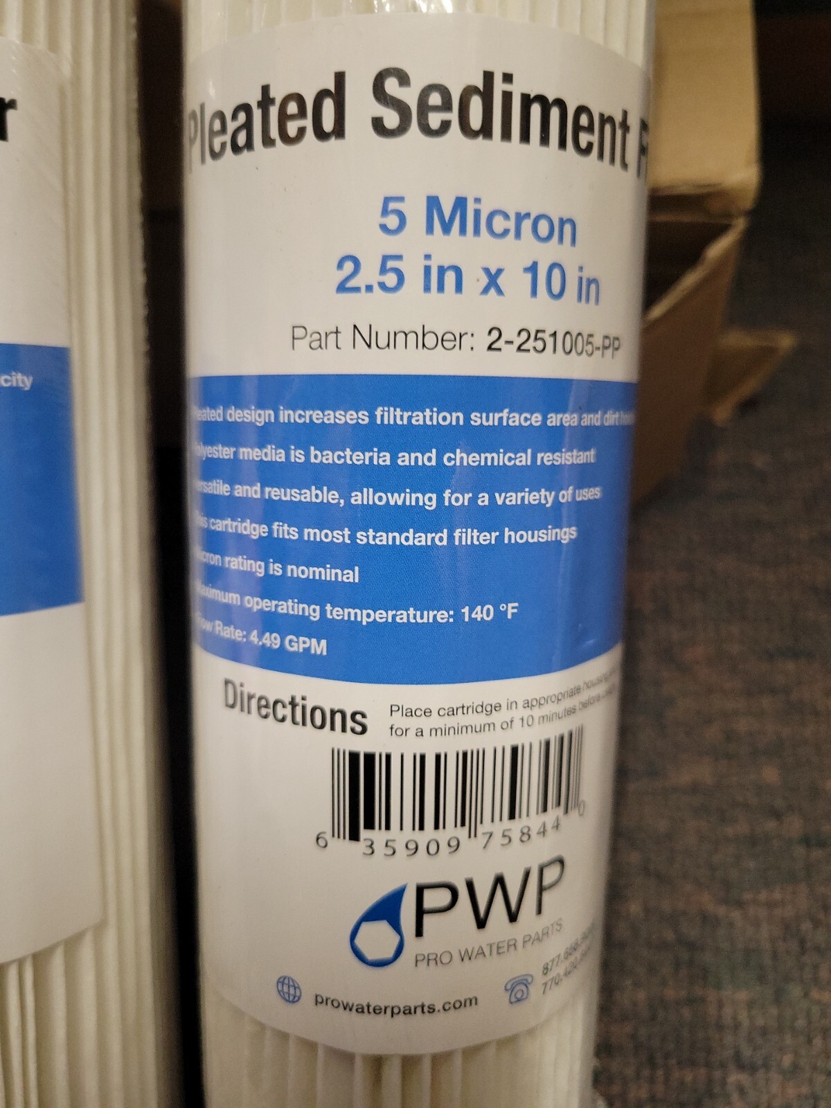 Pleated Poly Sediment Water Filter Cartridge Standard 2.5x10" 5 Micron 2 Pack gallery