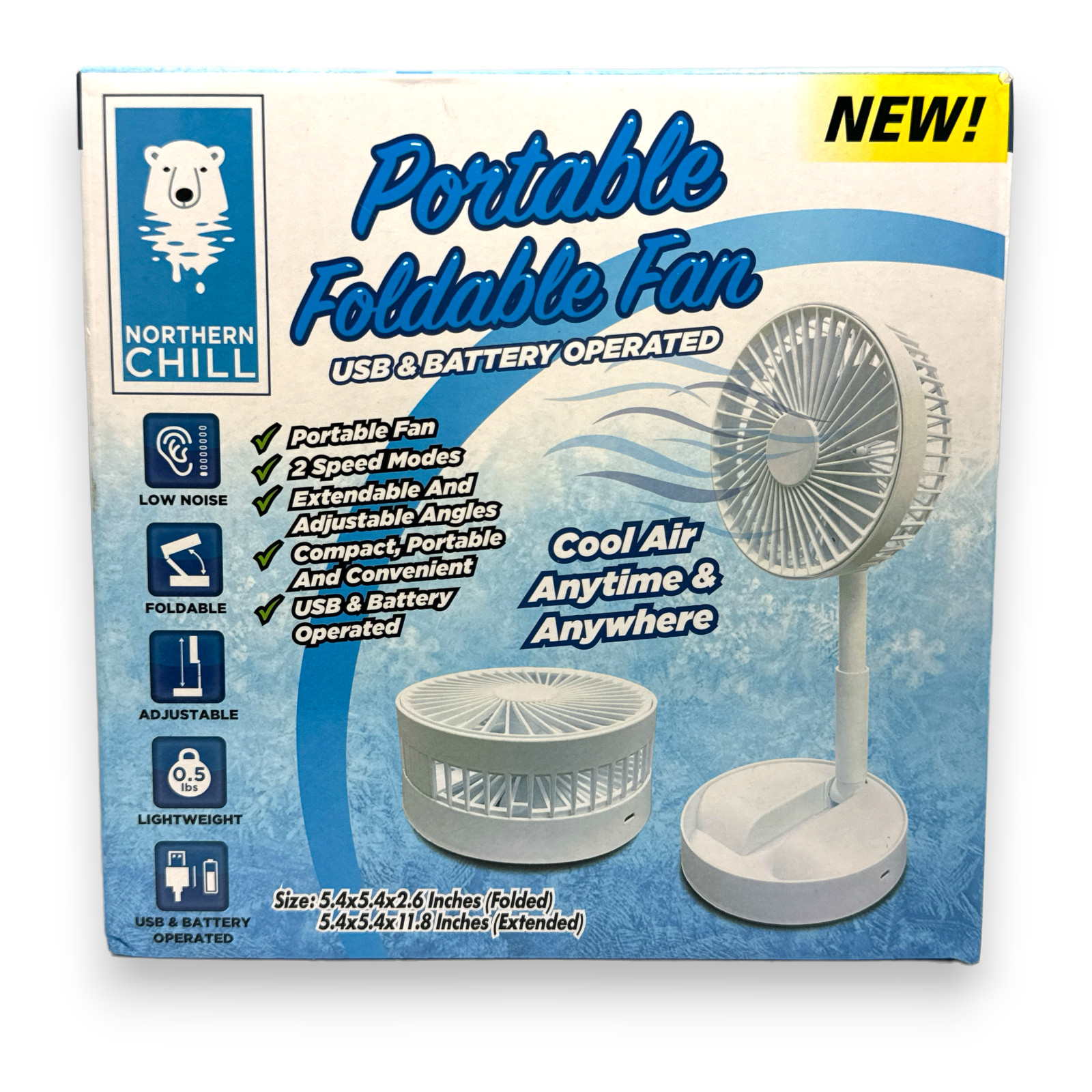 Portable Foldable Fan USB & Battery Operated Size: 5.4x5.4x2.6" NEW IN BOX gallery
