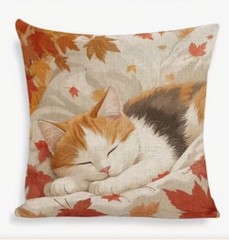 Cat Kitty Napping Fall Leaves Double Side Linen Throw Pillow Cover Holiday Decor