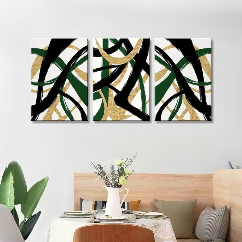 3Pcs Framed work Abstract Lines Canvas Wall Art Modern Black, Green, Gold Geo... gallery